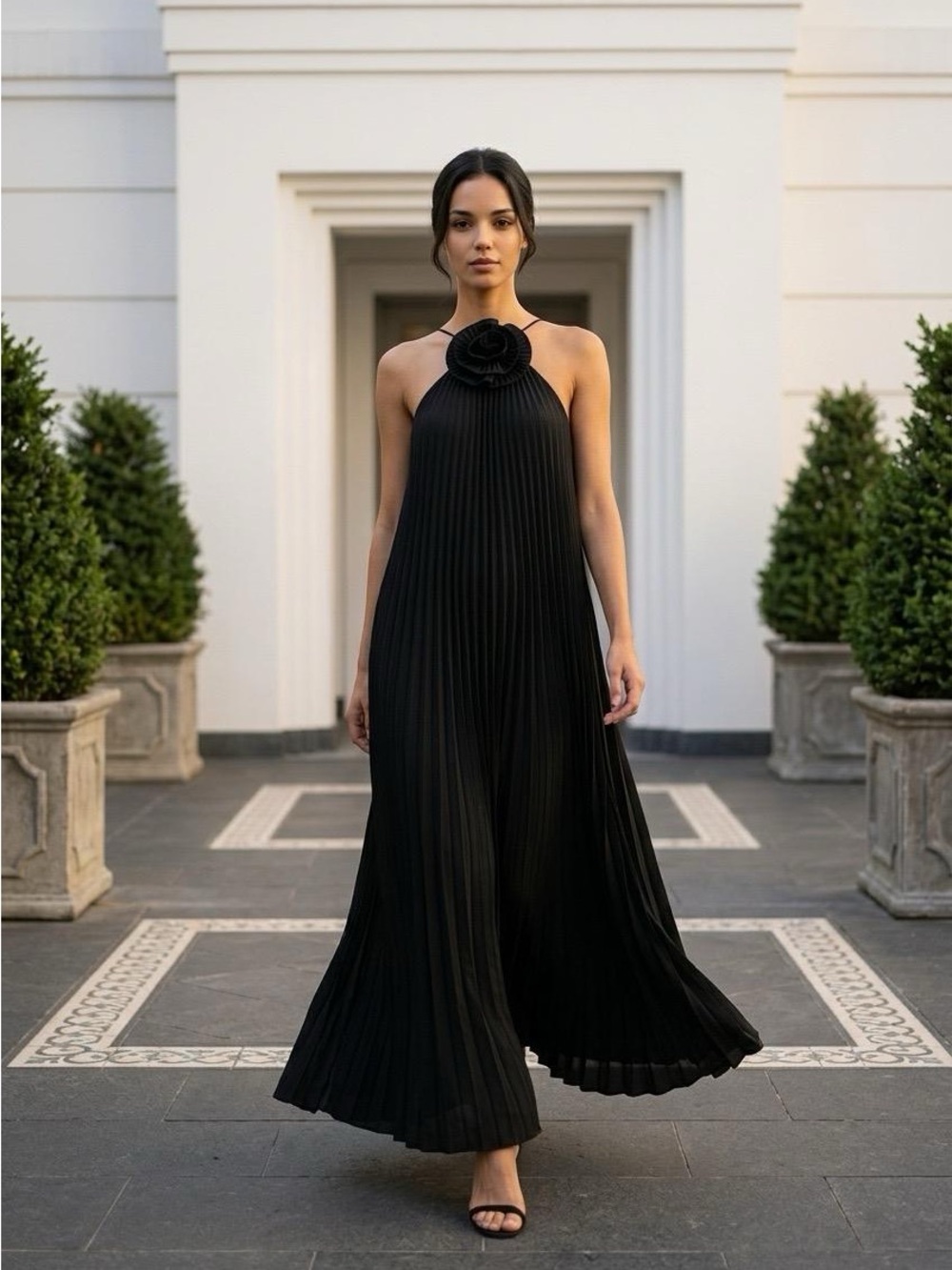 CeCe Black Pleated Halter Maxi Dress with Rosette Neckline